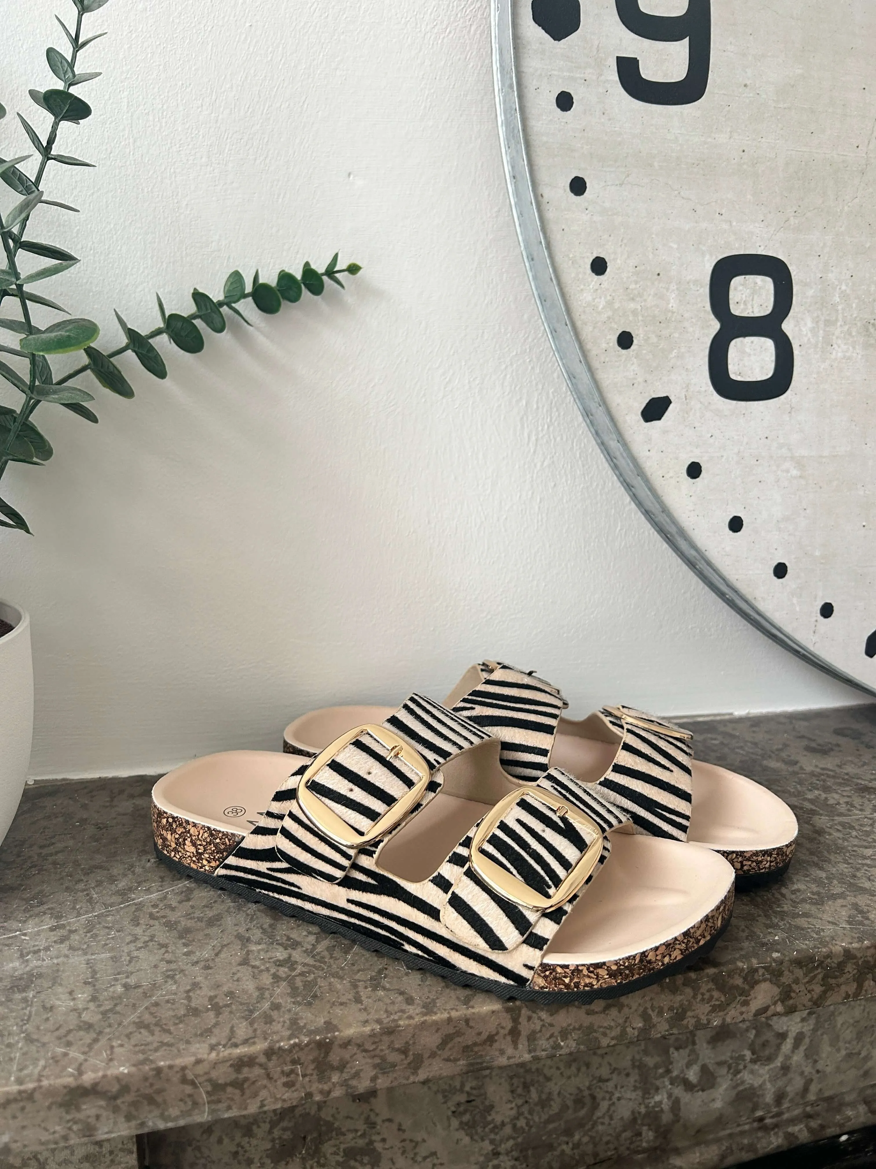 Marti Twin Buckle Zebra Print Slider