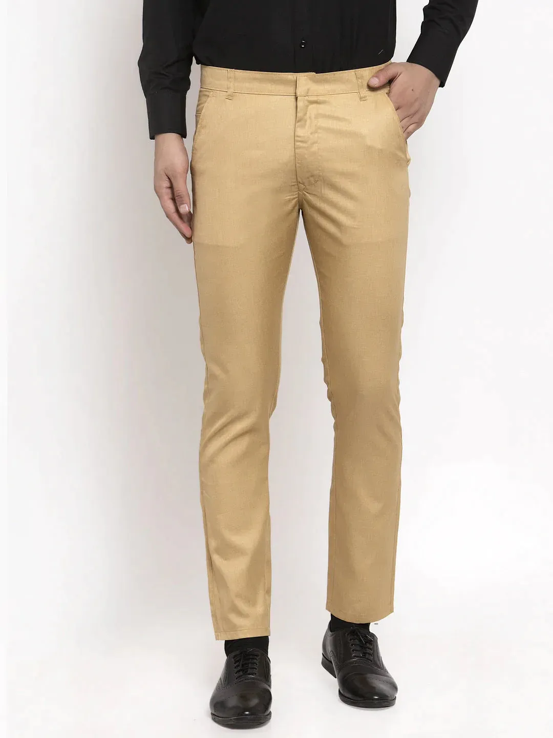 Men'S Beige Cotton Solid Formal Trousers