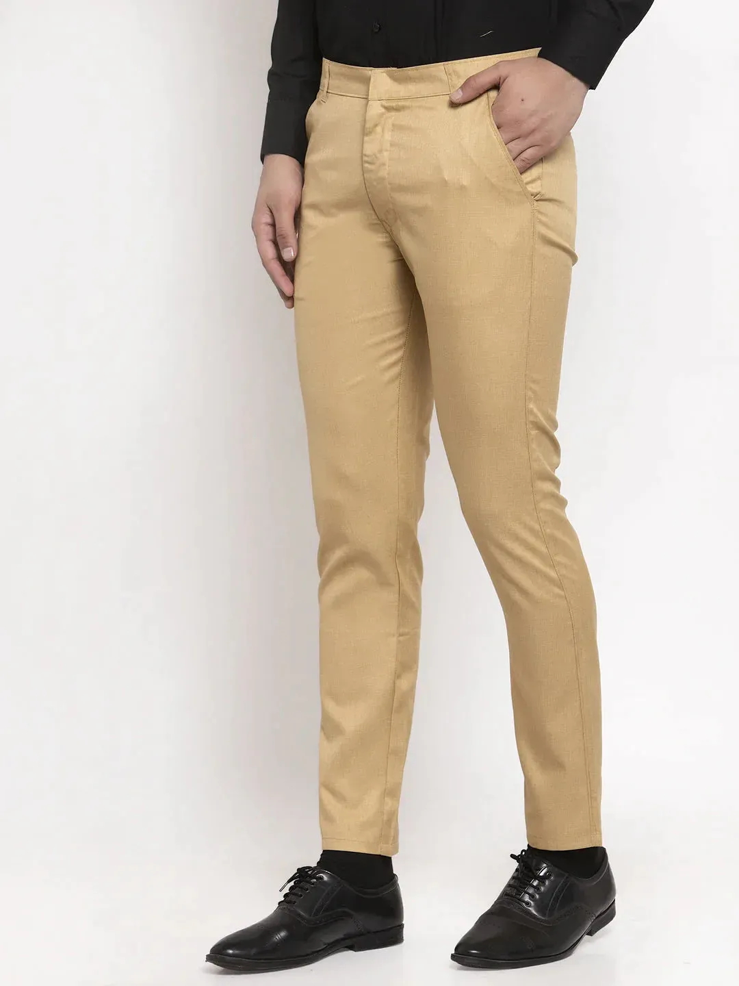 Men'S Beige Cotton Solid Formal Trousers