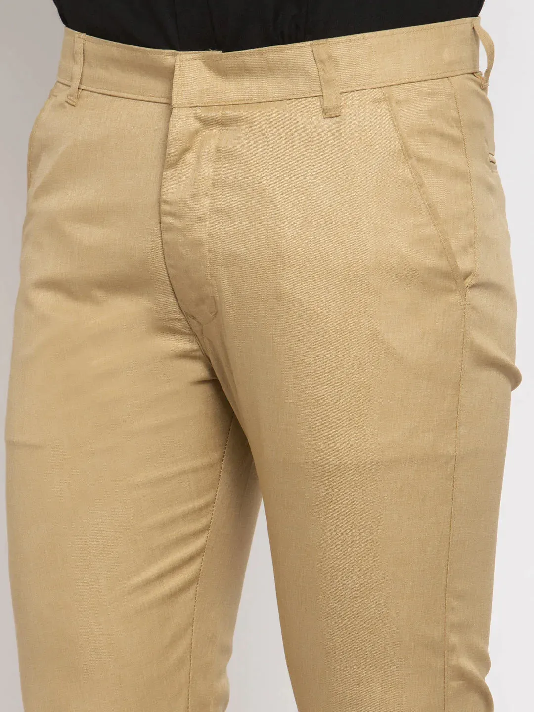 Men'S Beige Cotton Solid Formal Trousers