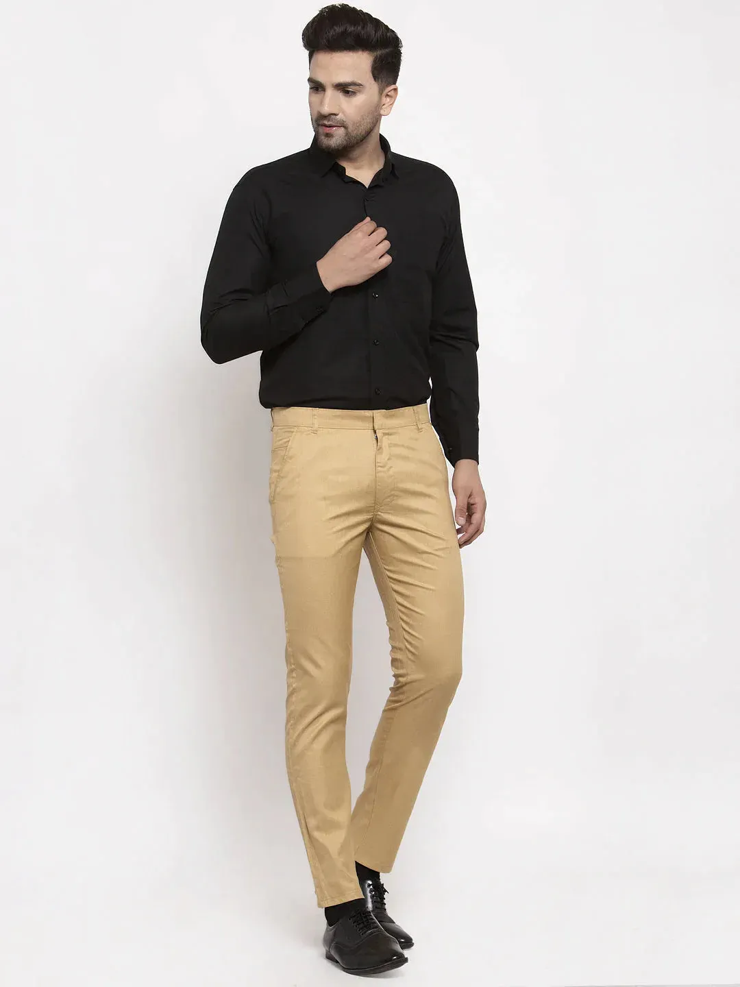 Men'S Beige Cotton Solid Formal Trousers