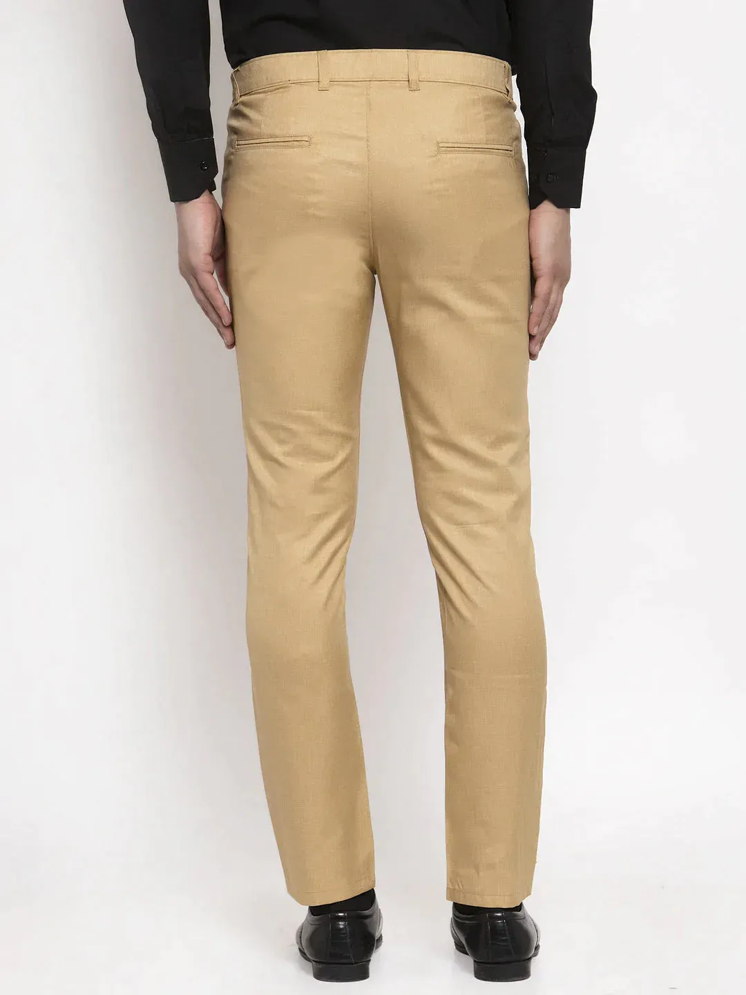 Men'S Beige Cotton Solid Formal Trousers