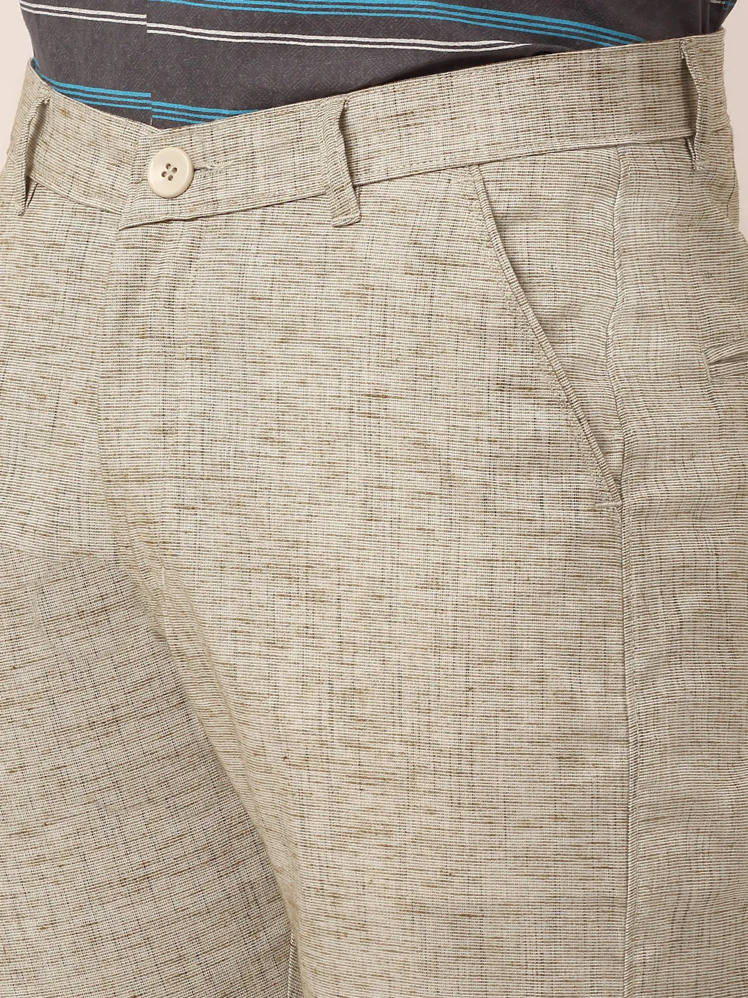 Men'S Beige Linan Cotton Formal Trousers