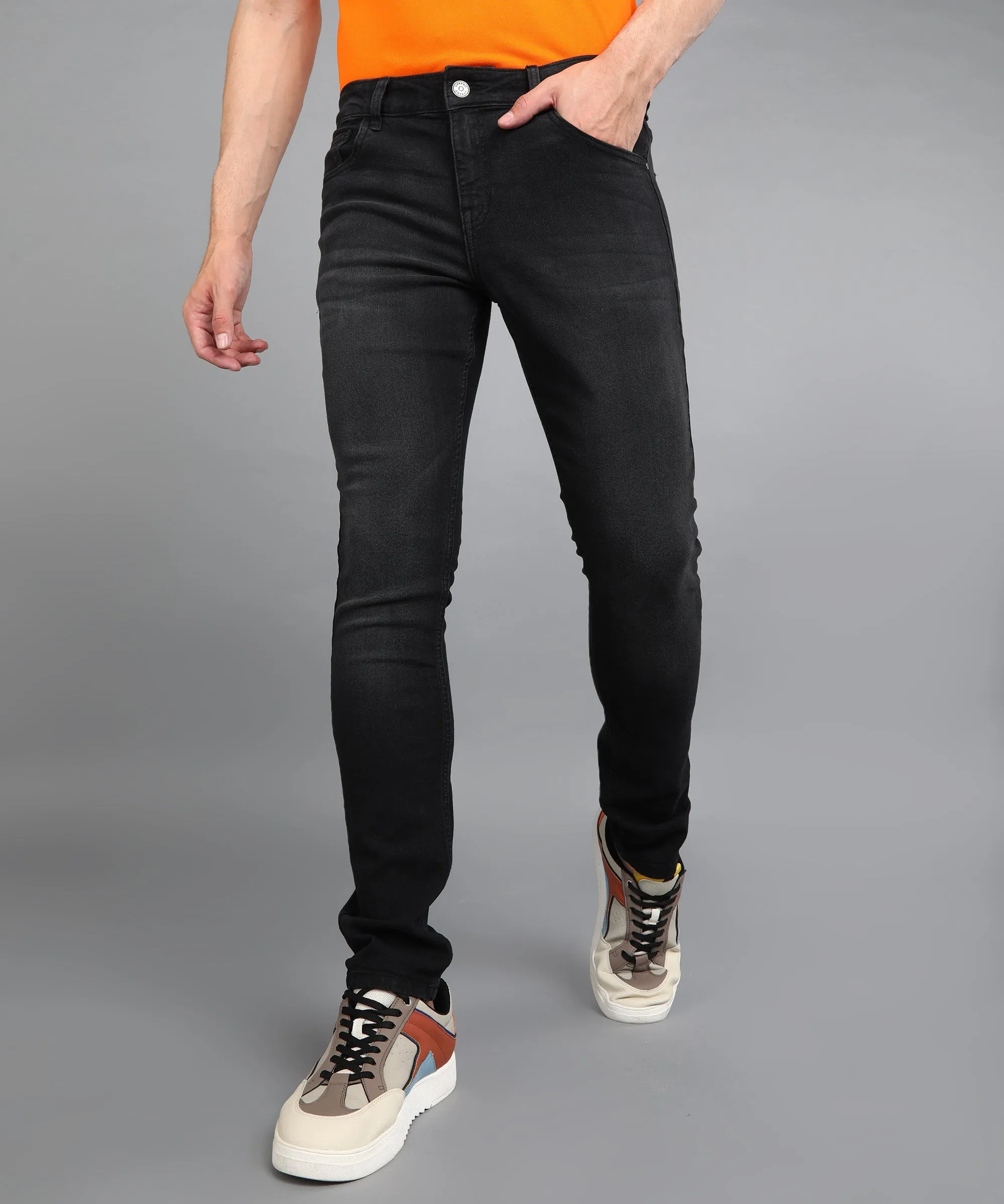 Men's Black Regular Fit Washed Jeans Stretchable