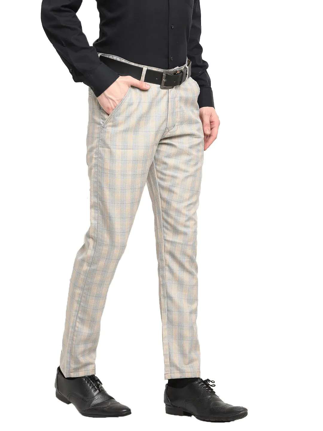 Men'S Blue Cotton Checked Formal Trousers