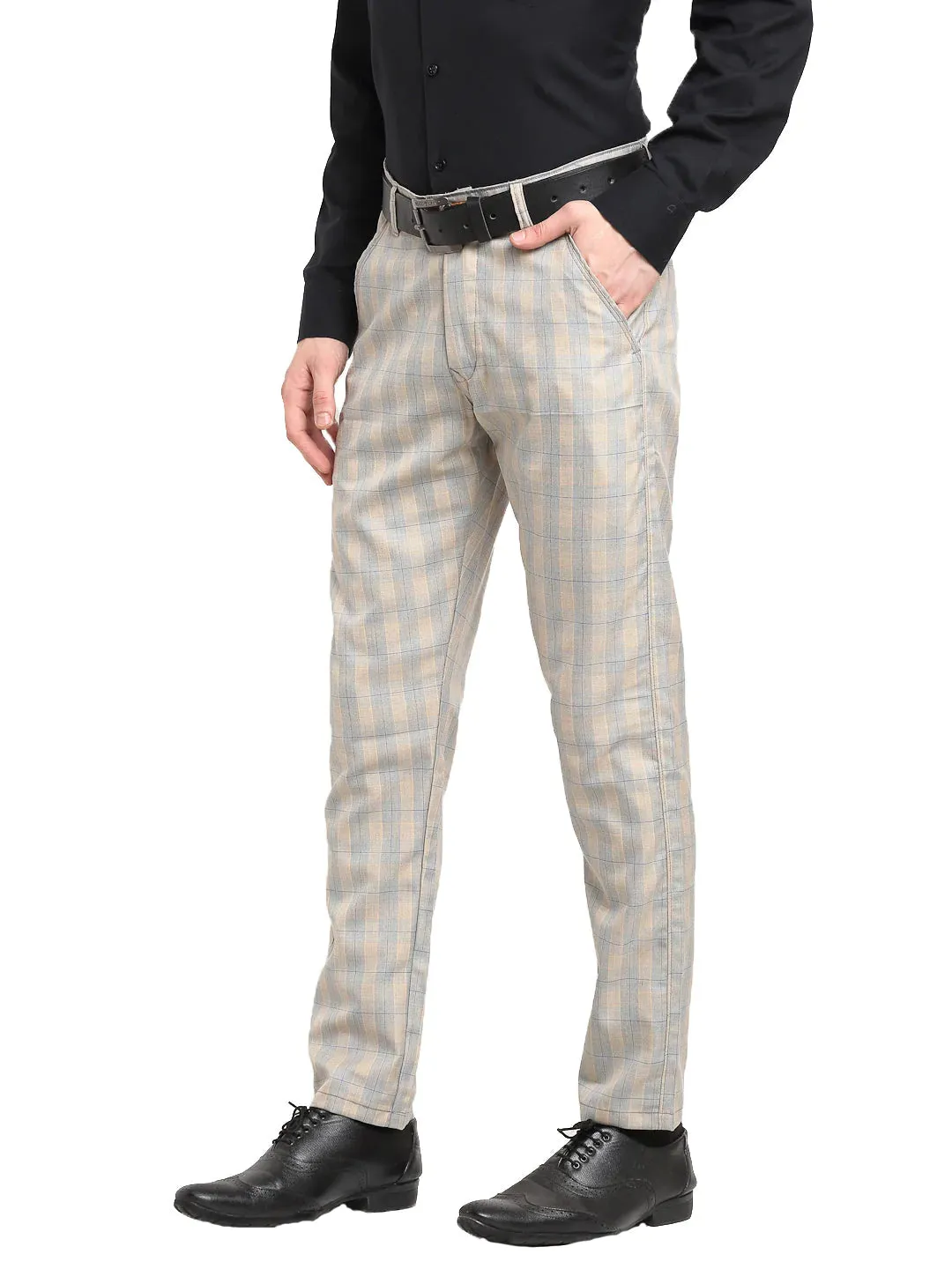 Men'S Blue Cotton Checked Formal Trousers