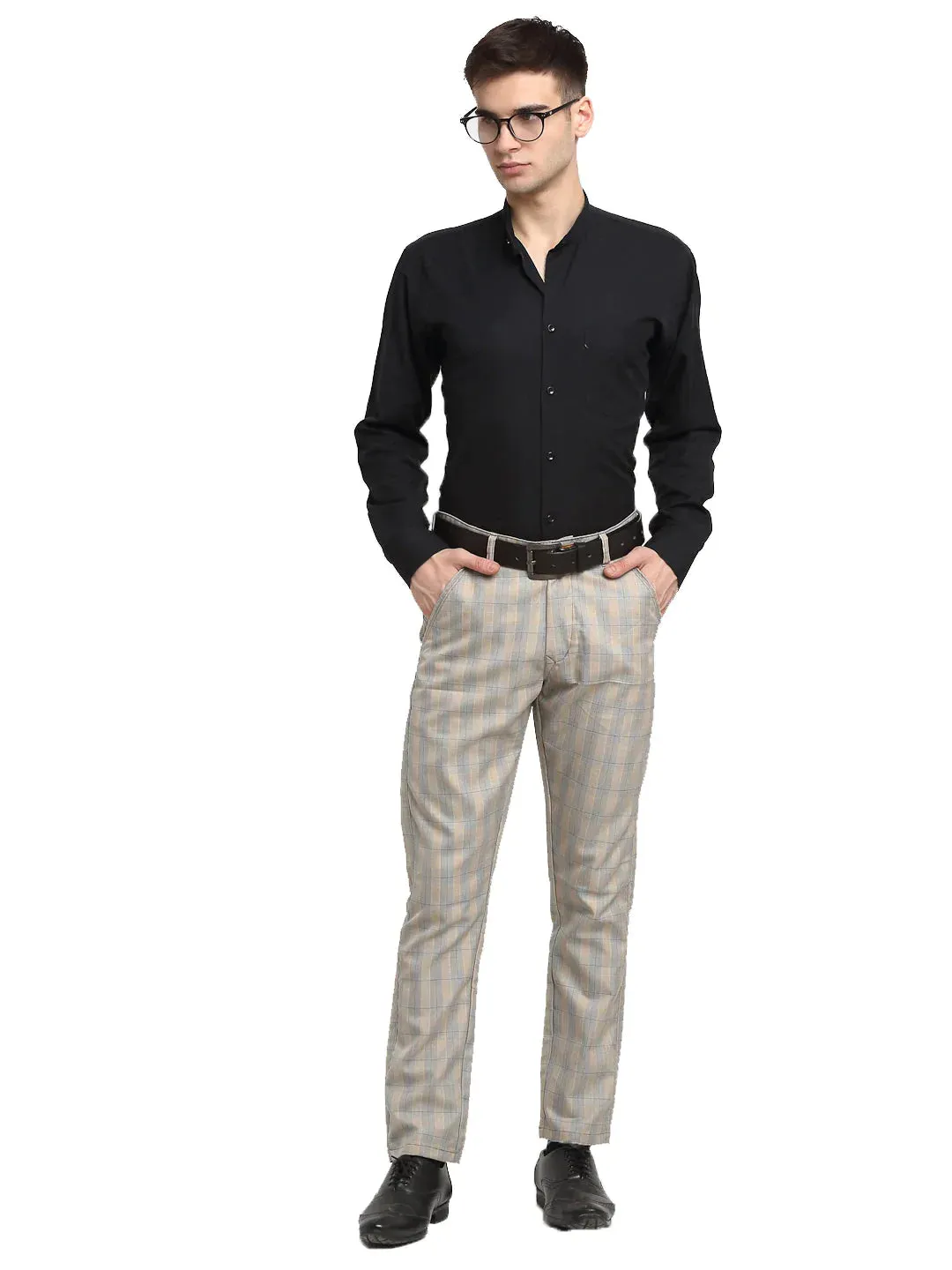 Men'S Blue Cotton Checked Formal Trousers