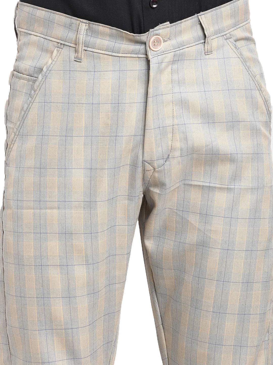 Men'S Blue Cotton Checked Formal Trousers