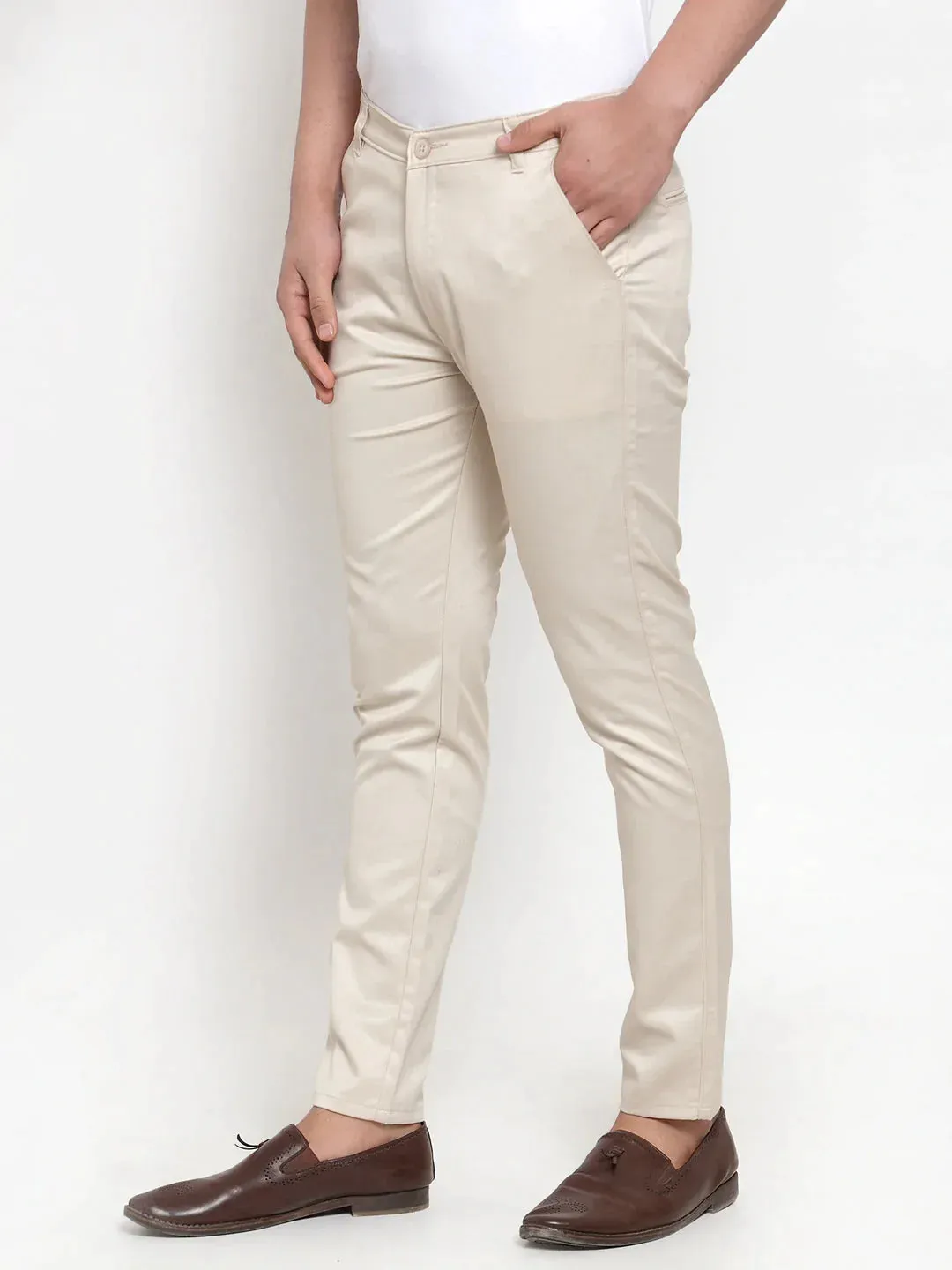 Men'S Cream Solid Formal Trousers