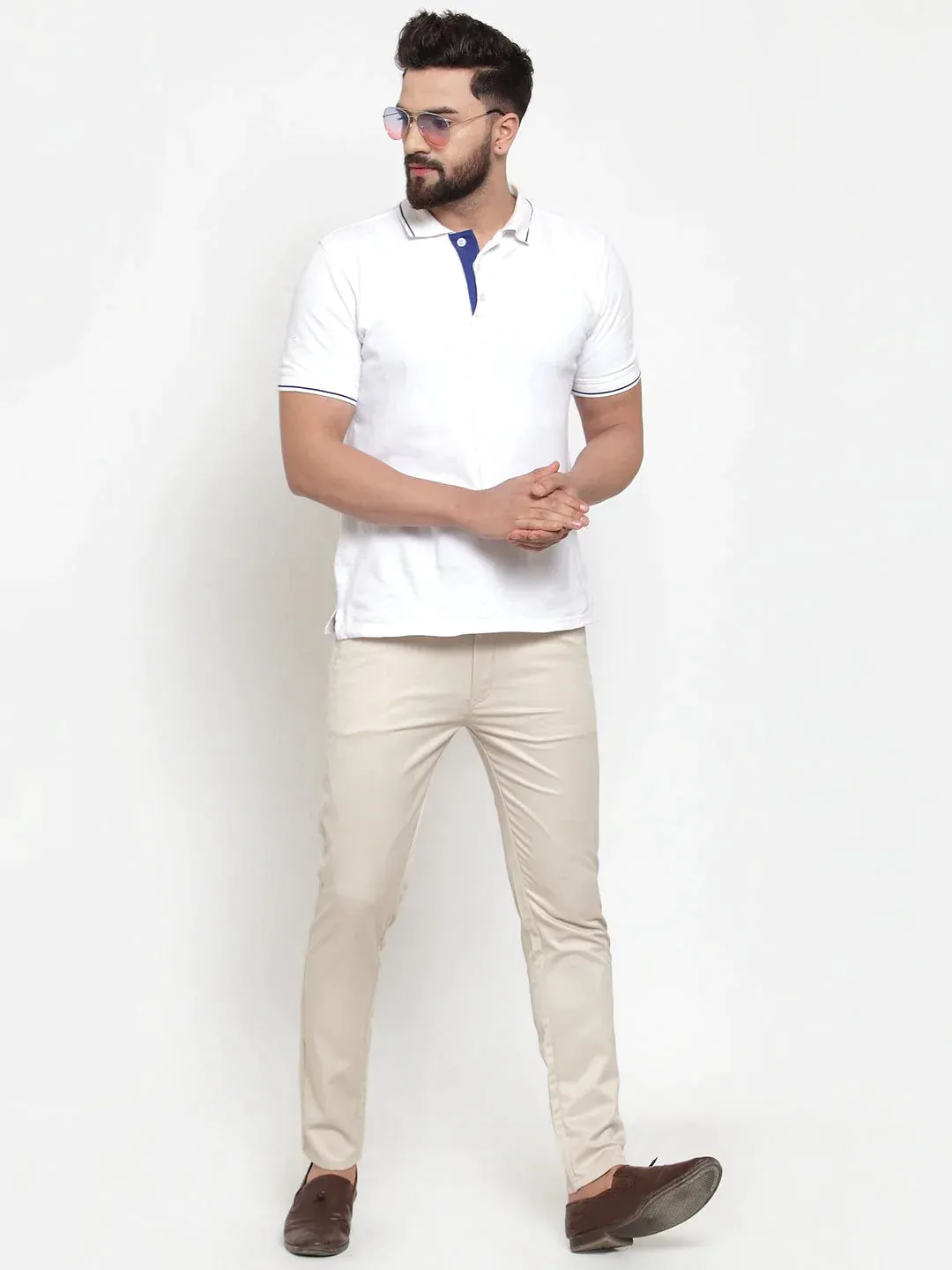 Men'S Cream Solid Formal Trousers