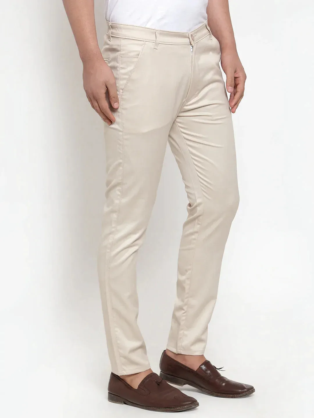 Men'S Cream Solid Formal Trousers