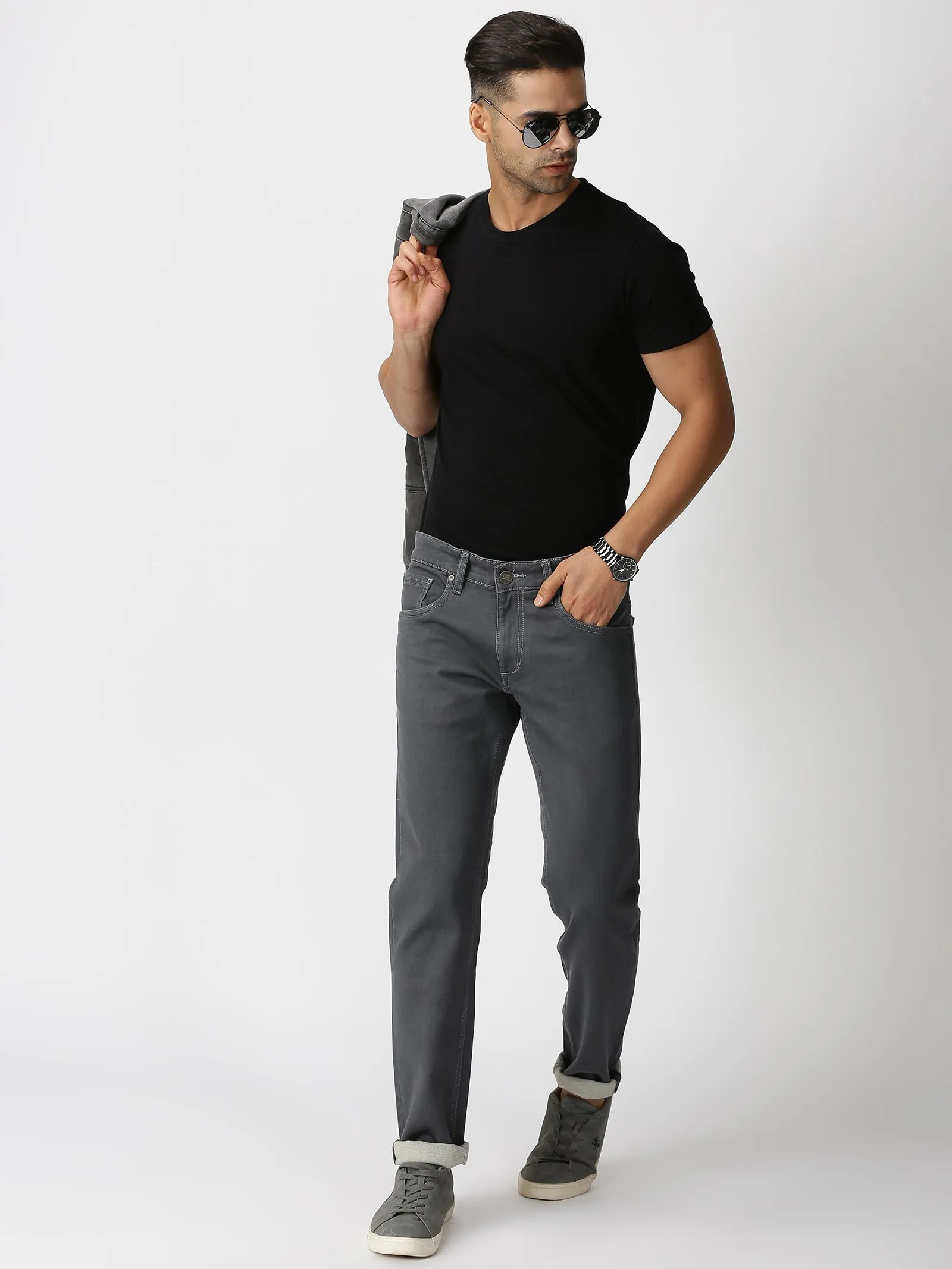 MEN'S DK GREY SOLID JASON FIT JEANS