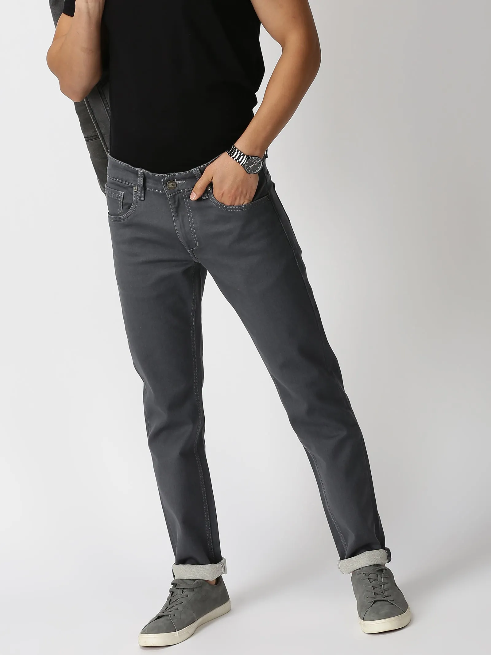 MEN'S DK GREY SOLID JASON FIT JEANS