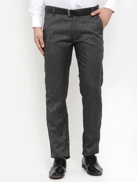 Men'S Green Cotton Striped Formal Trousers