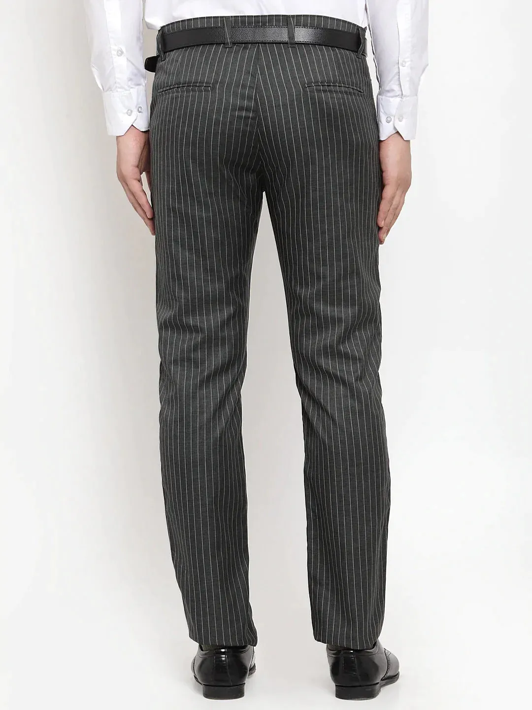 Men'S Green Cotton Striped Formal Trousers