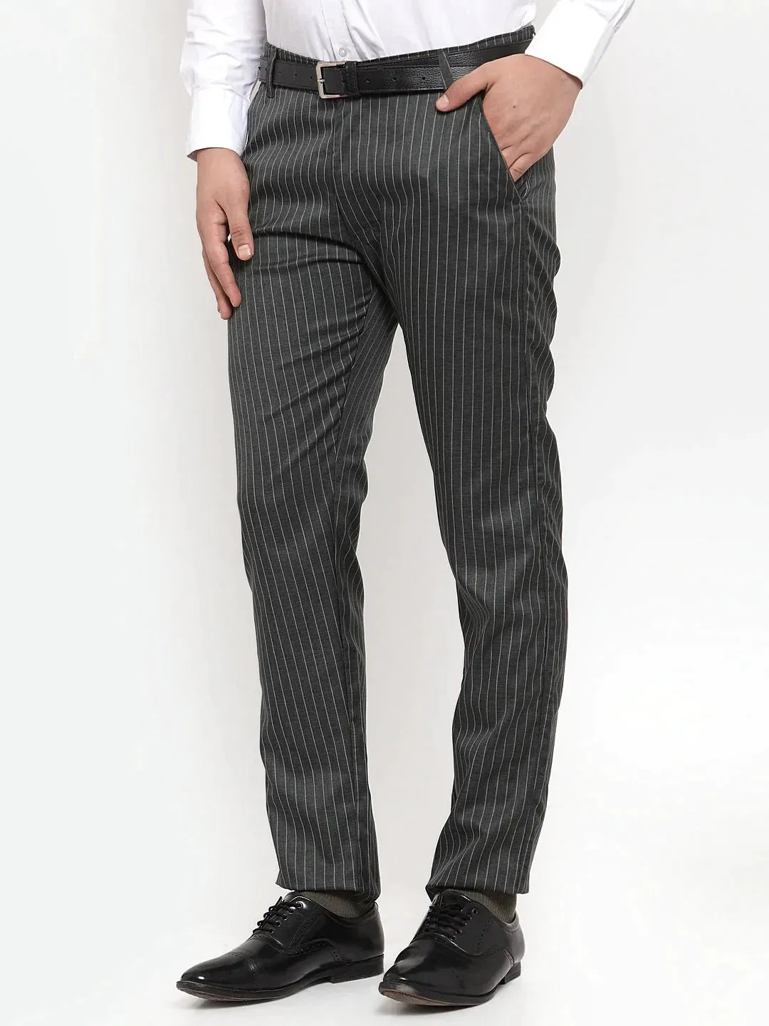 Men'S Green Cotton Striped Formal Trousers