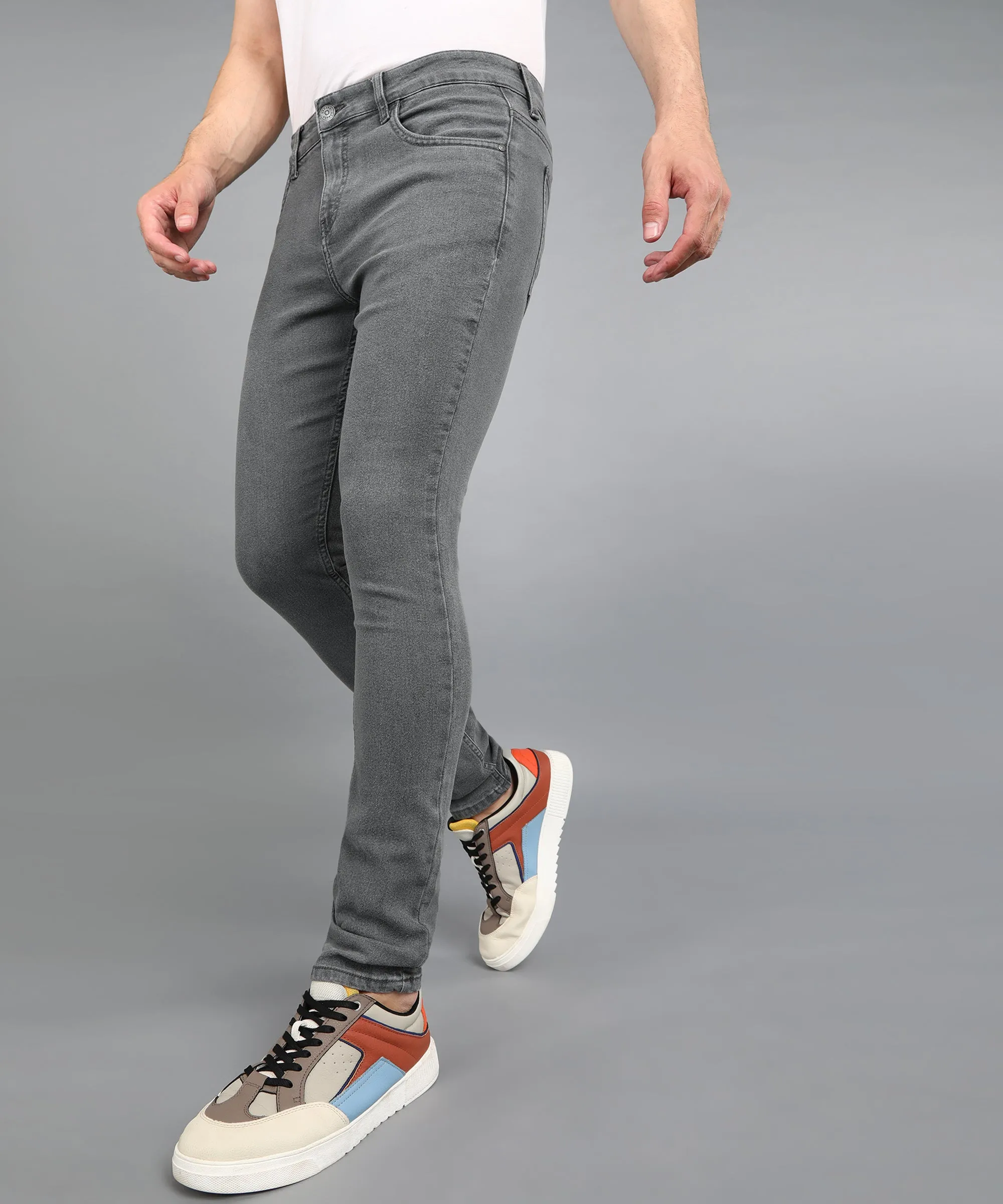 Men's Grey Regular Fit Washed Jeans Stretchable