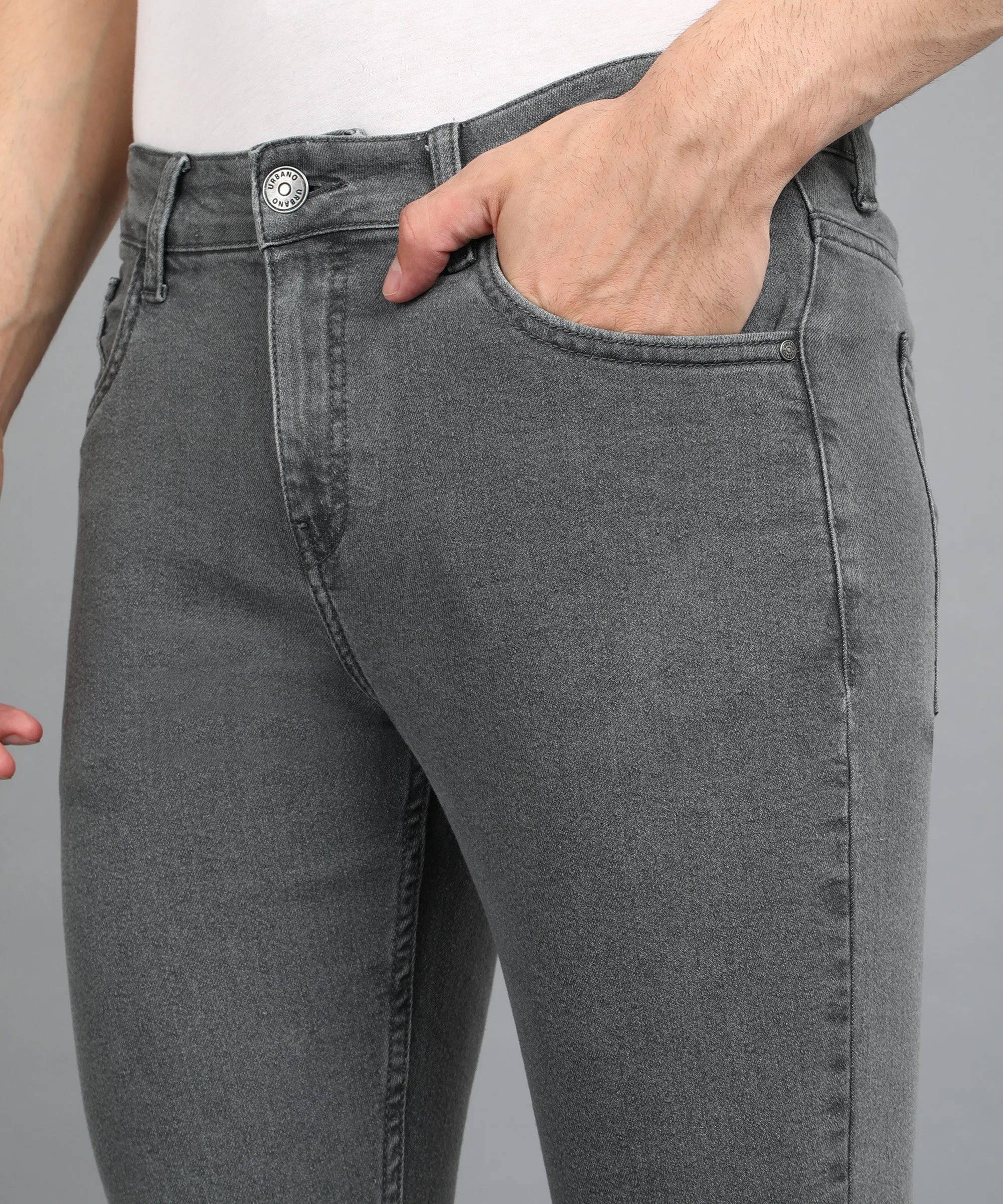 Men's Grey Regular Fit Washed Jeans Stretchable