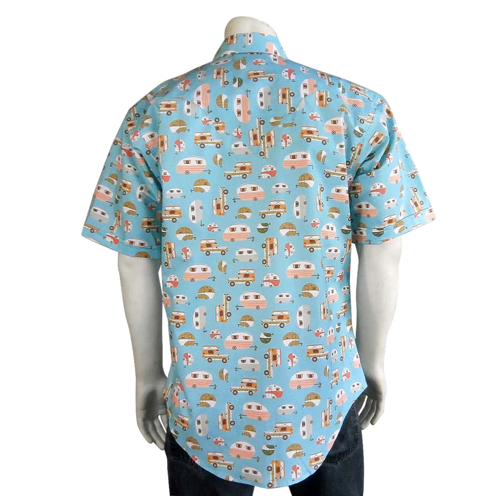 Men’s Retro Campers Print Short Sleeve Western Shirt in Turquoise