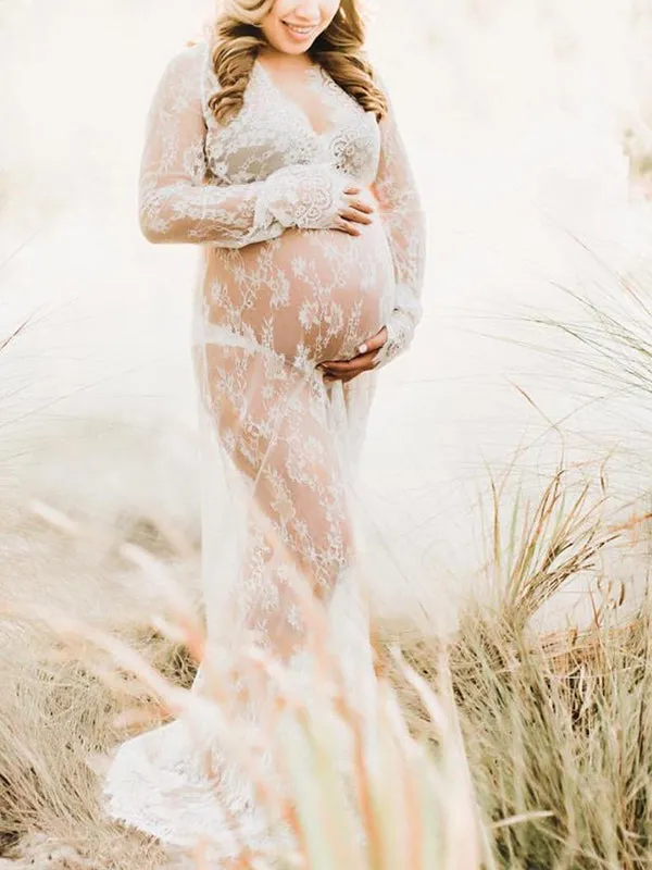 Momnfancy Sheer Lace V-neck Long Sleeve Pregnancy Photography Gown Maternity Milk Bath Photoshoot Dress