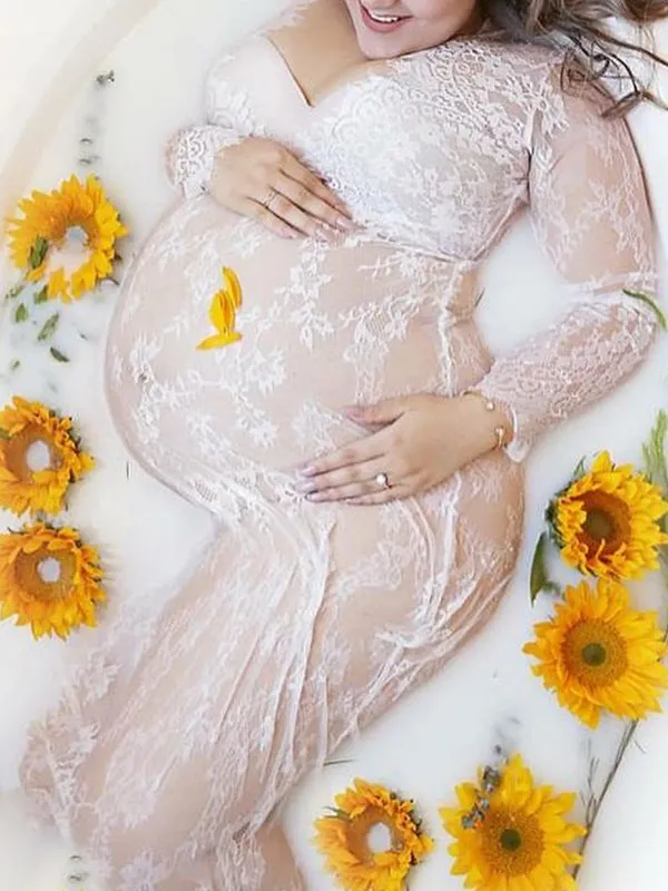 Momnfancy Sheer Lace V-neck Long Sleeve Pregnancy Photography Gown Maternity Milk Bath Photoshoot Dress