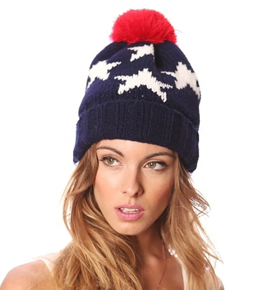 Navy Blue Patriotic Stars Thick Knit Pom Beanie Ski Hat