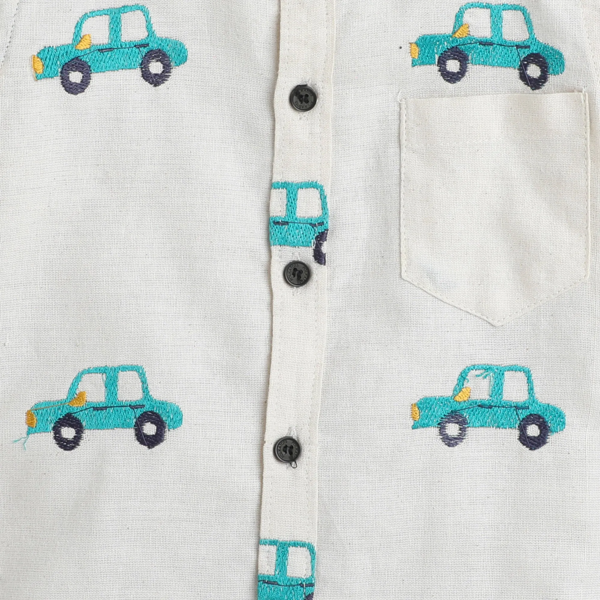 Polka Tots Cotton Half Sleeves Car Embroidery Shirt - Cream