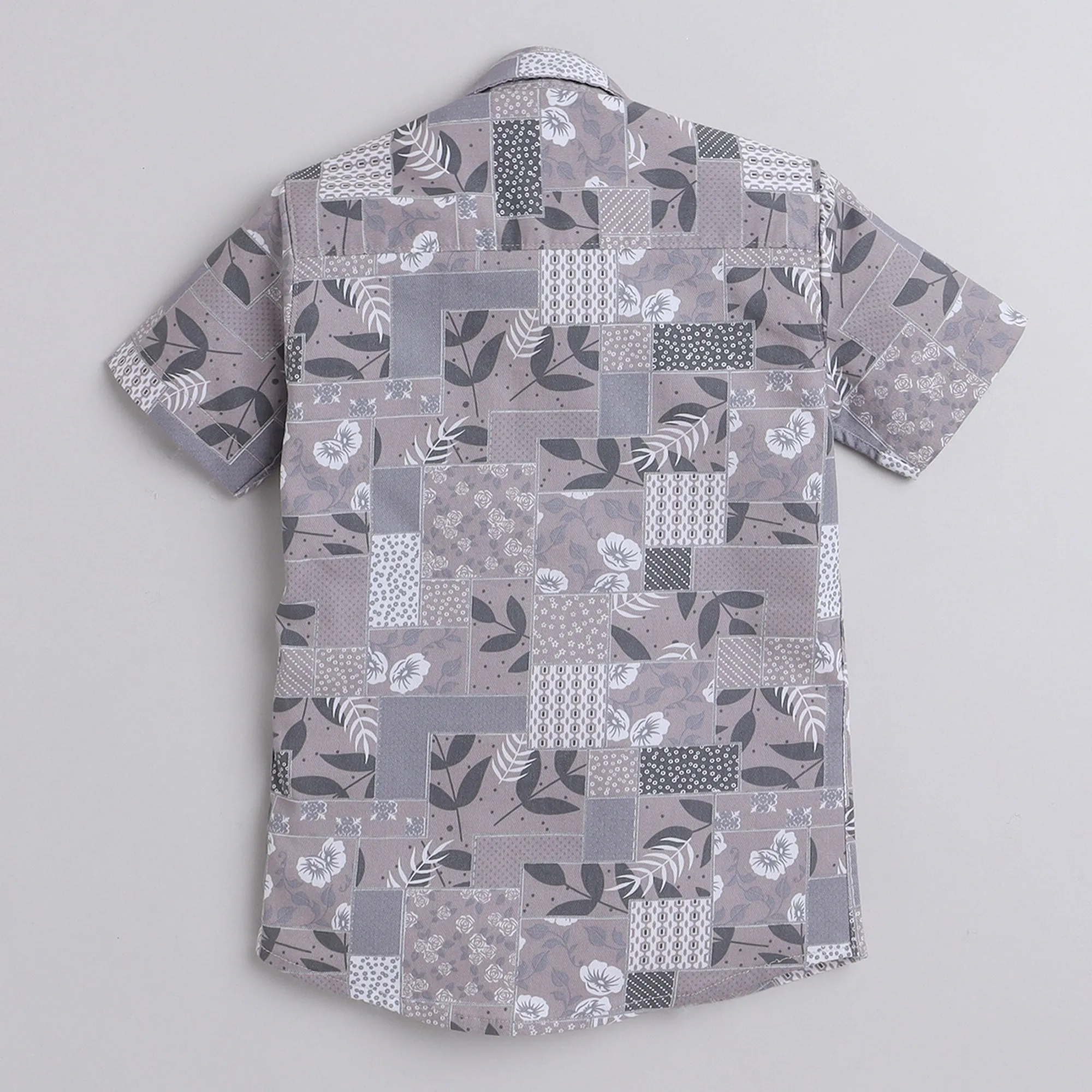 Polka Tots Cotton Regular Fit Half Sleeve Leaf Printed Shirt - Grey