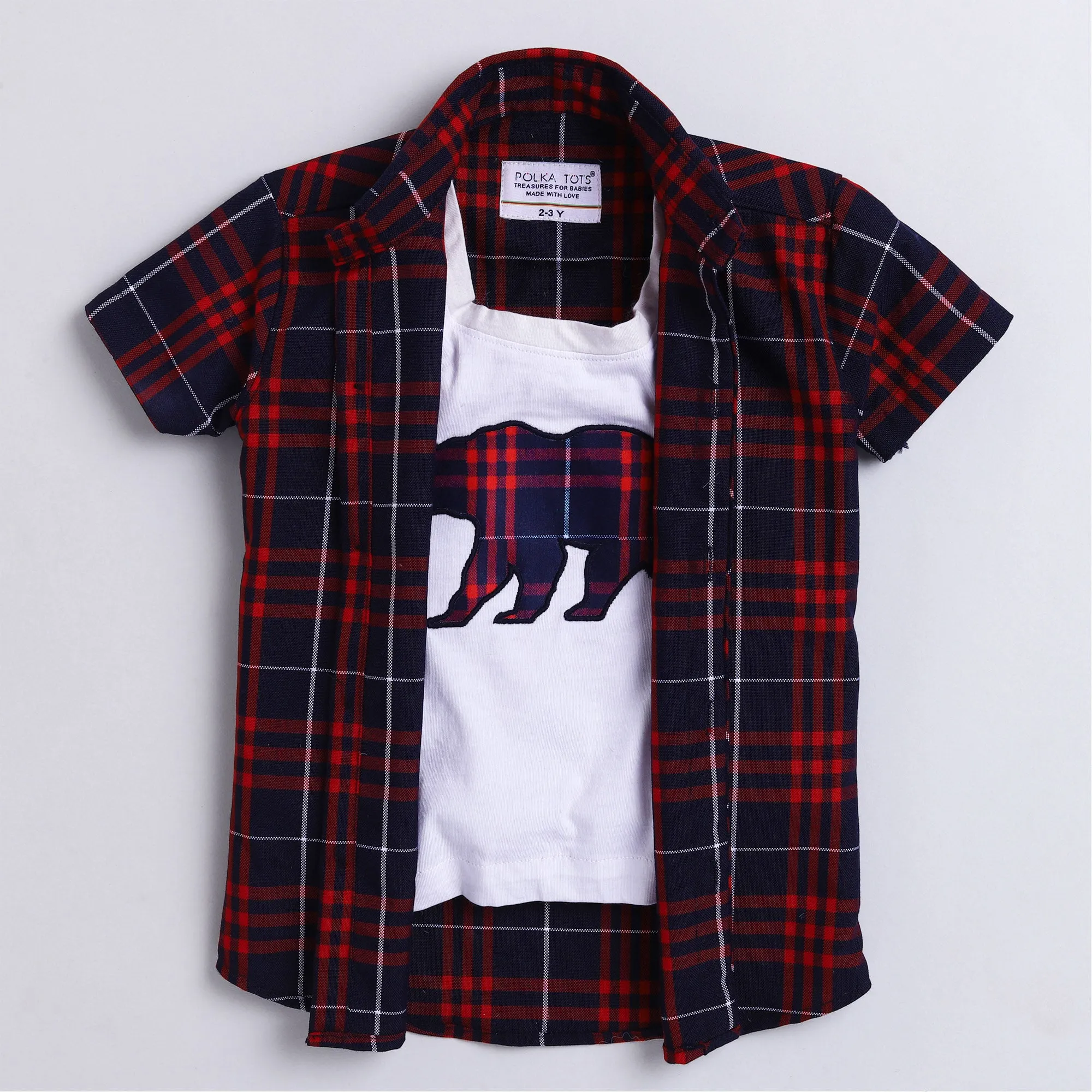 Polka Tots Full Half Sleeve Shirt With Inside Tshirt Bear Checks Patch - Navy Blue