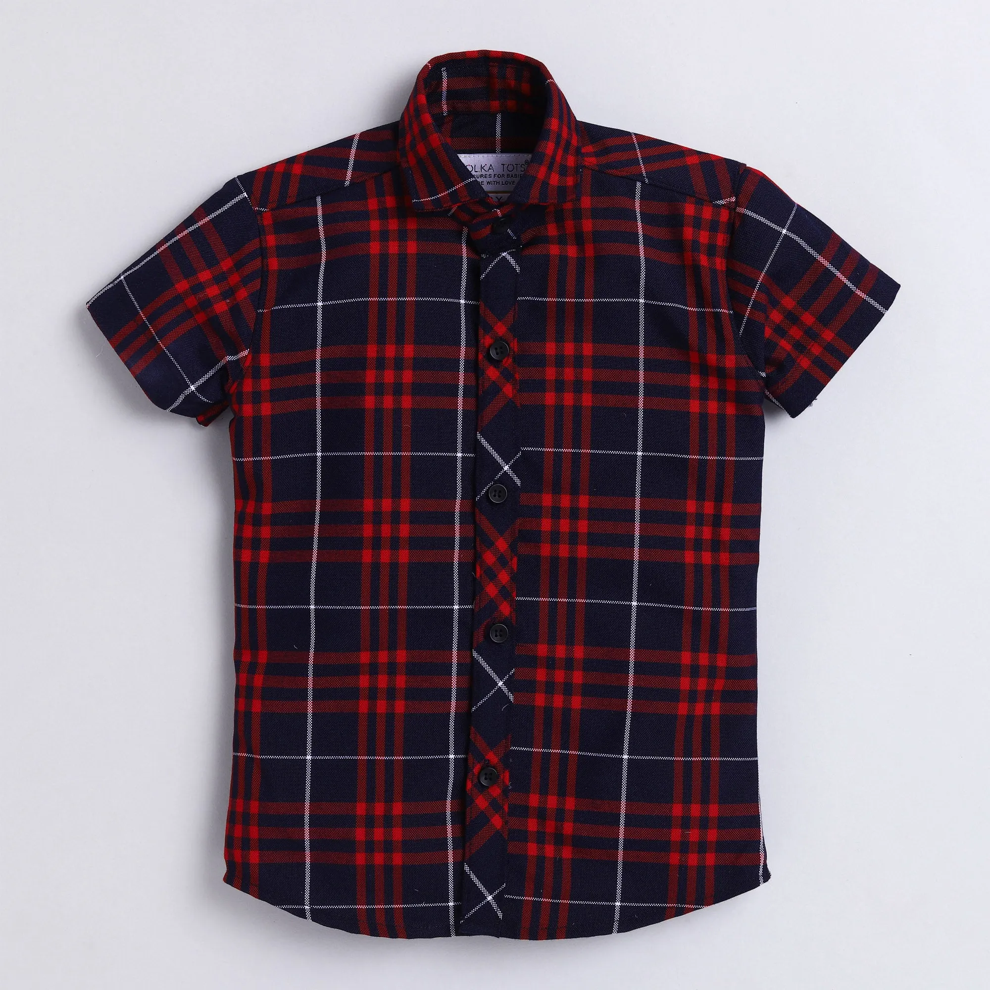 Polka Tots Full Half Sleeve Shirt With Inside Tshirt Bear Checks Patch - Navy Blue