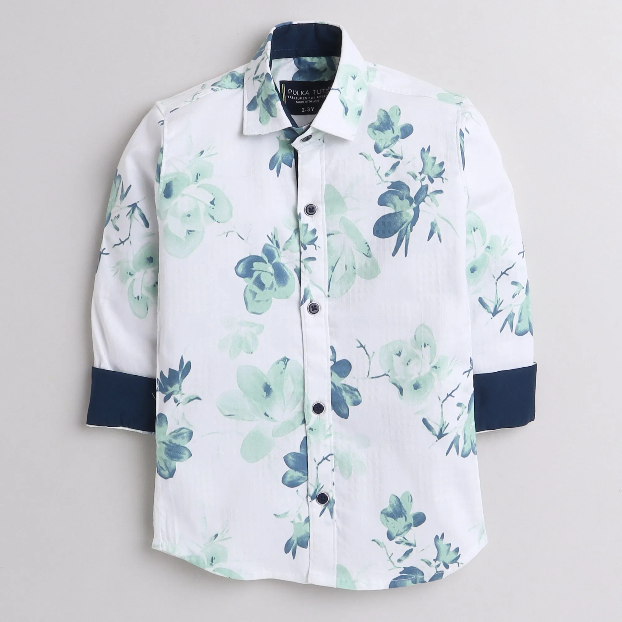 Polka Tots Full Sleeve Shirt Blue Floral Print - White