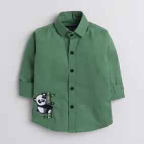 Polka Tots Full Sleeve Shirt Panda Embroidery - Green