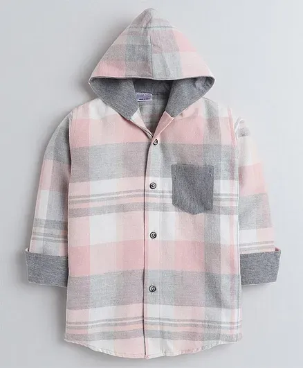 Polka Tots Full Sleeves Checked Hooded Shirt - Pink