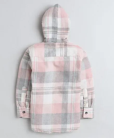 Polka Tots Full Sleeves Checked Hooded Shirt - Pink