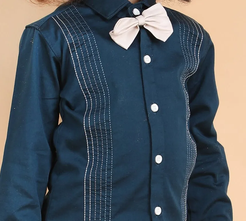 Polka Tots Full sleeves Lining shirt with Bow - Navy Blue