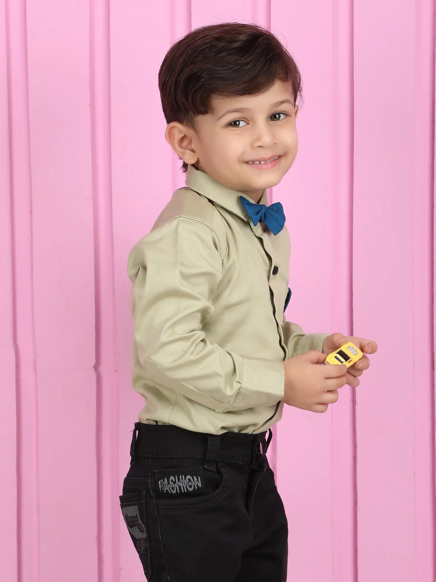 Polka Tots Full sleeves shirt with Bow Tie - Beige