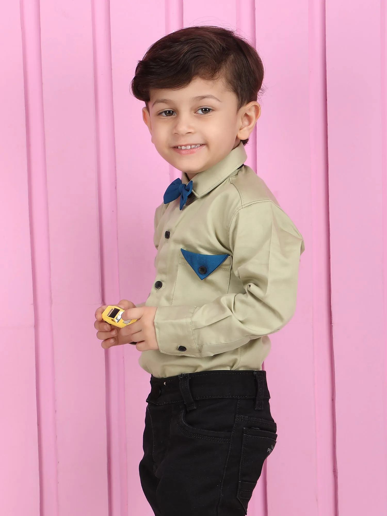 Polka Tots Full sleeves shirt with Bow Tie - Beige