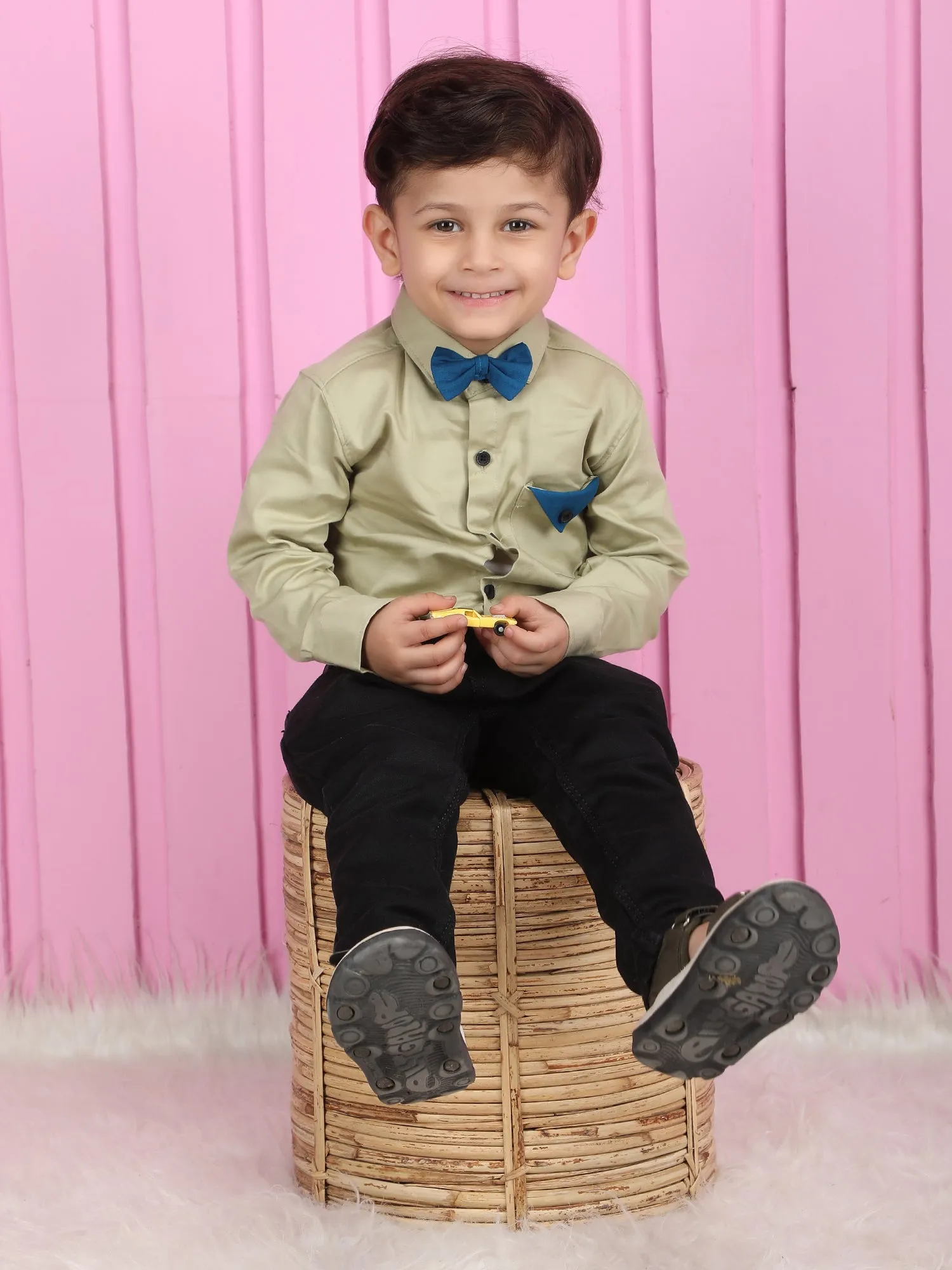 Polka Tots Full sleeves shirt with Bow Tie - Beige