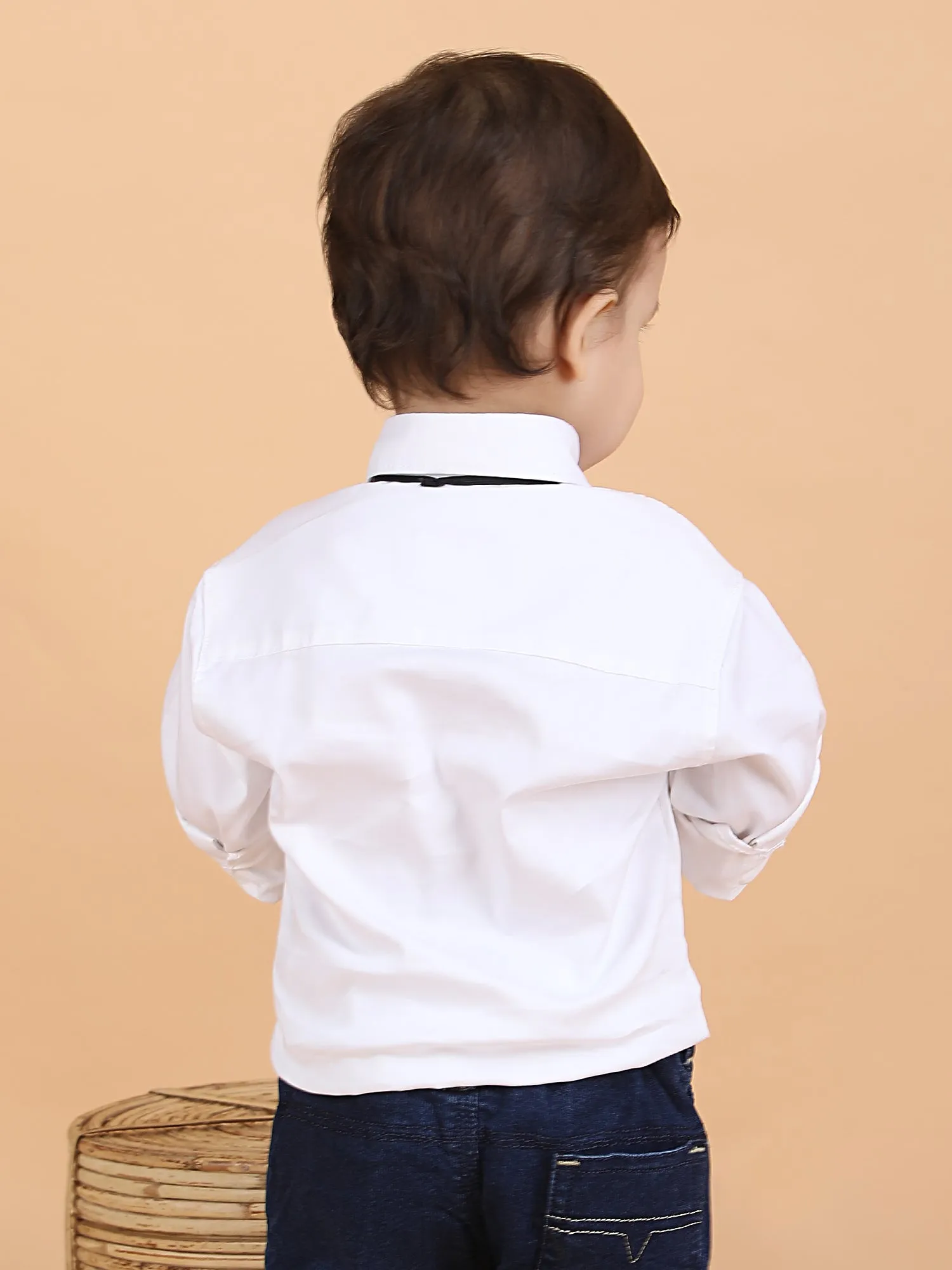 Polka Tots Full Sleeves shirt with Bow tie - White