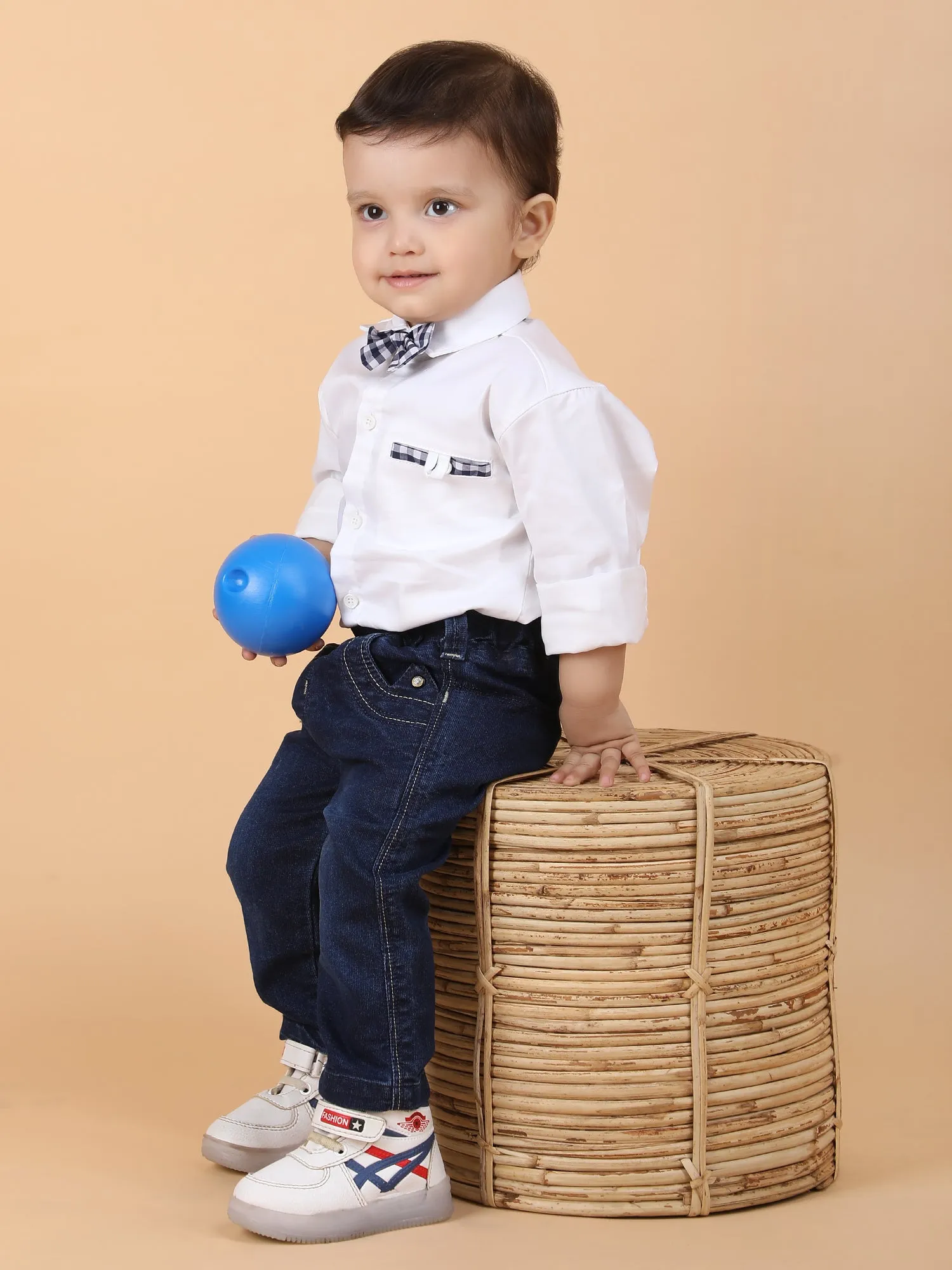 Polka Tots Full Sleeves shirt with Bow tie - White