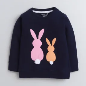 Polka Tots Full Sleeves Sweatshirt Bunny Print with Pom Pom Detail Navy Blue