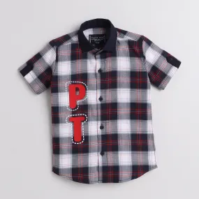 Polka Tots Half Sleeve Checks Shirt PT Rubber Print - Black