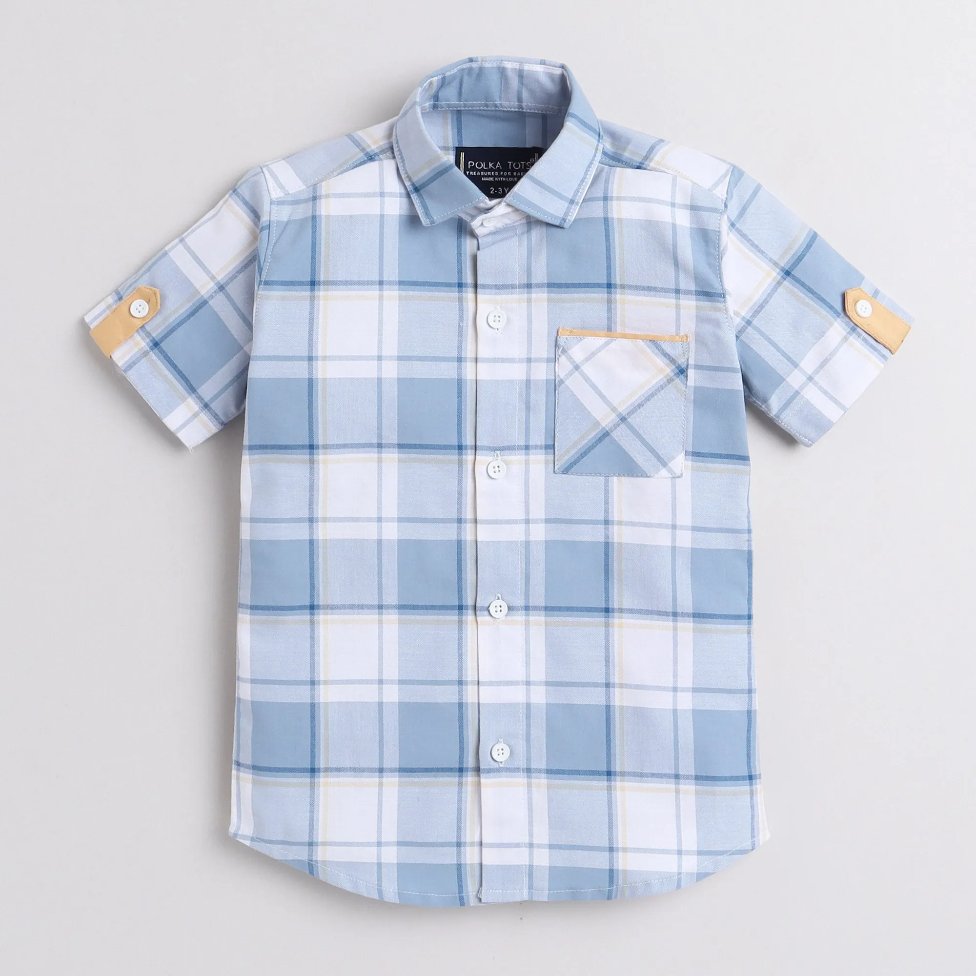 Polka Tots Half Sleeve Checks Shirt Yellow Detailing - Blue