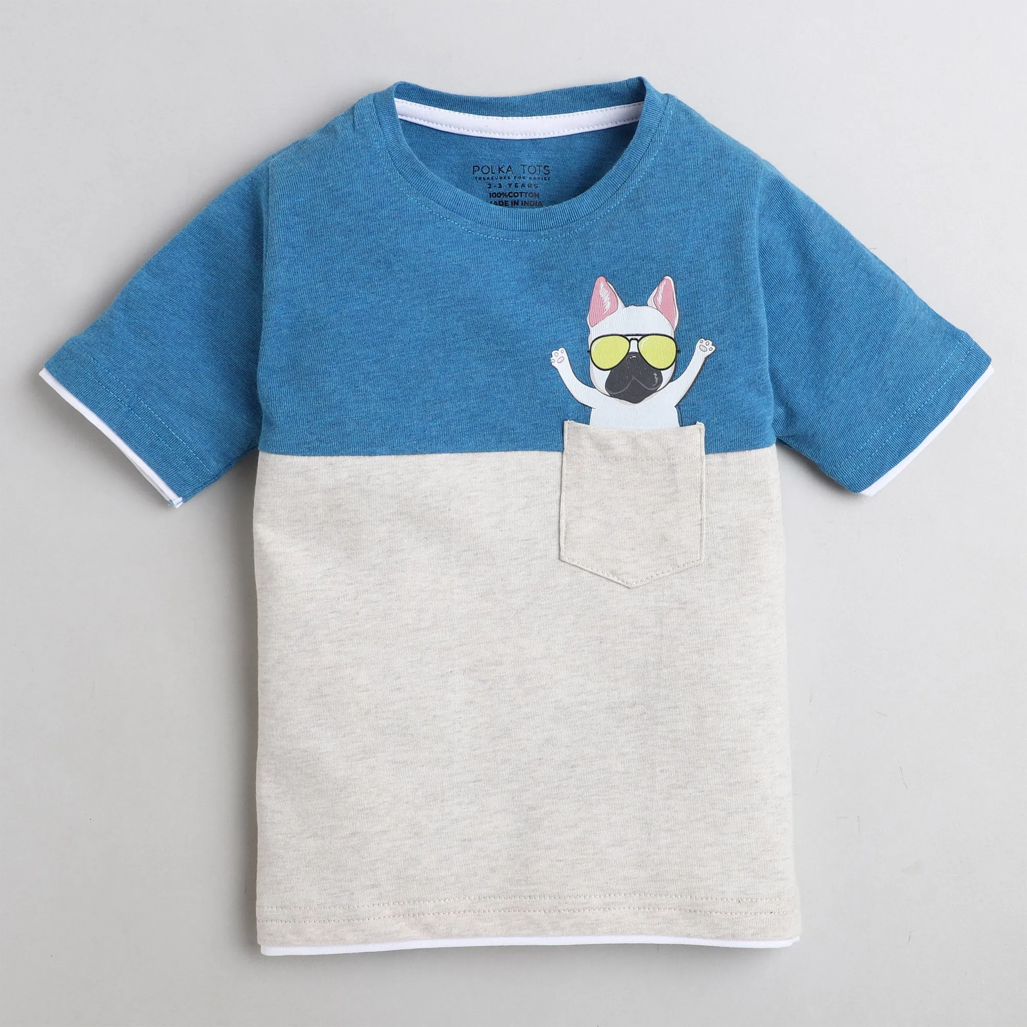 Polka Tots Half Sleeve T-Shirt Dog In The Pocket Print - Blue