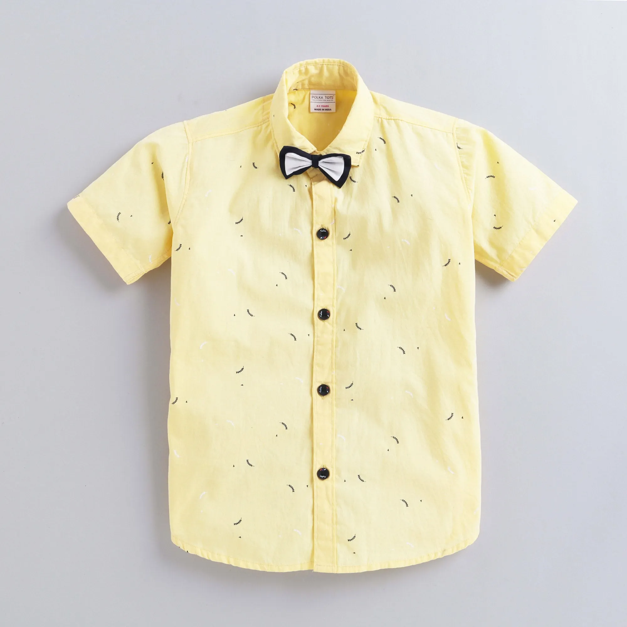 Polka Tots Half Sleeves All Over Leaves Printed Shirt With Bow Tie - Yellow