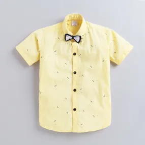 Polka Tots Half Sleeves All Over Leaves Printed Shirt With Bow Tie - Yellow