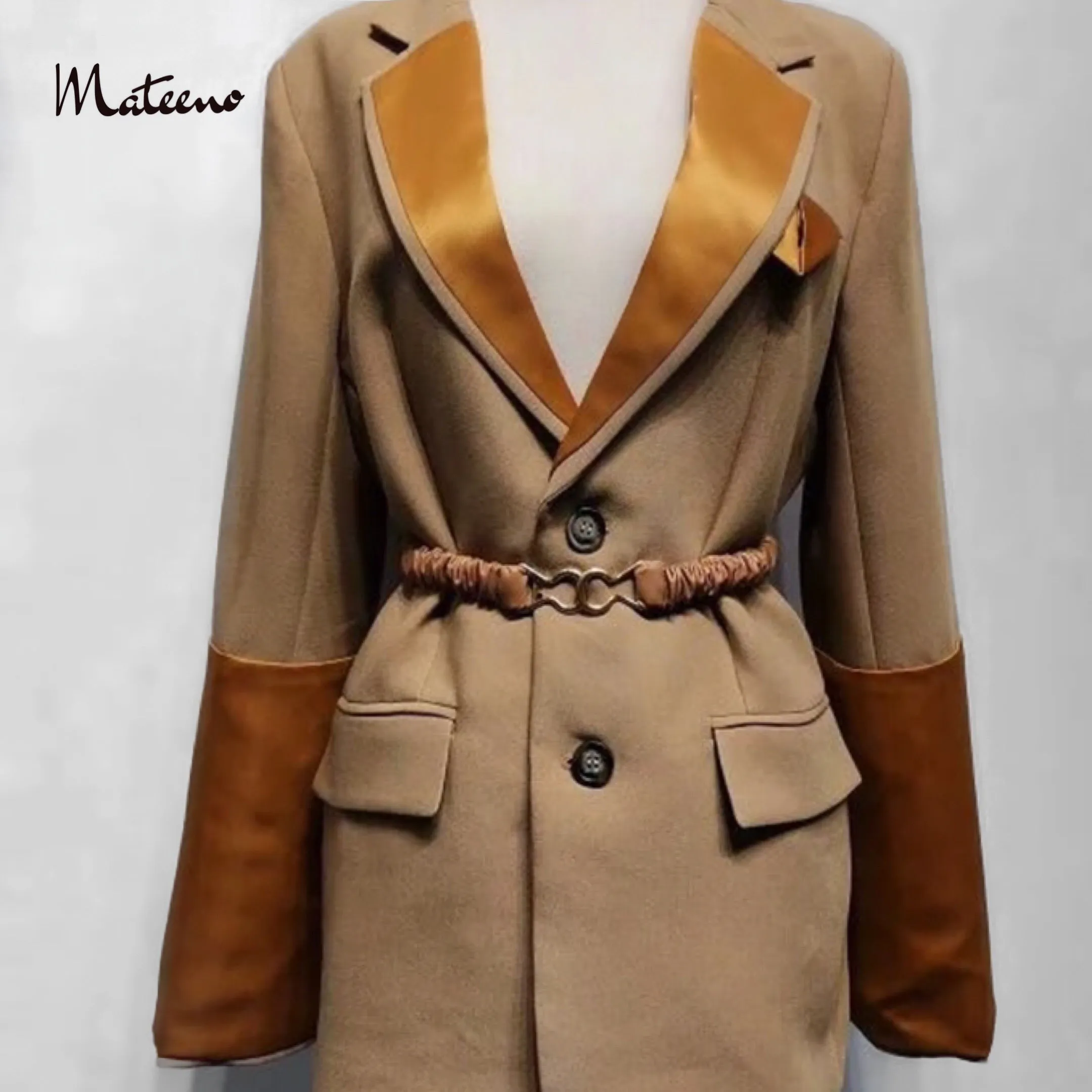 ROLA CAMEL & MUSTARD SATIN BELTED BLAZER