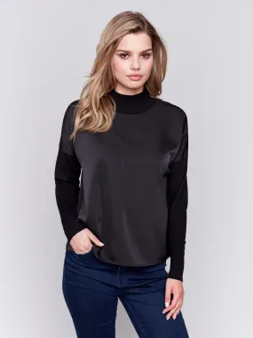 Satin Knit Top with Mock Neck - Black