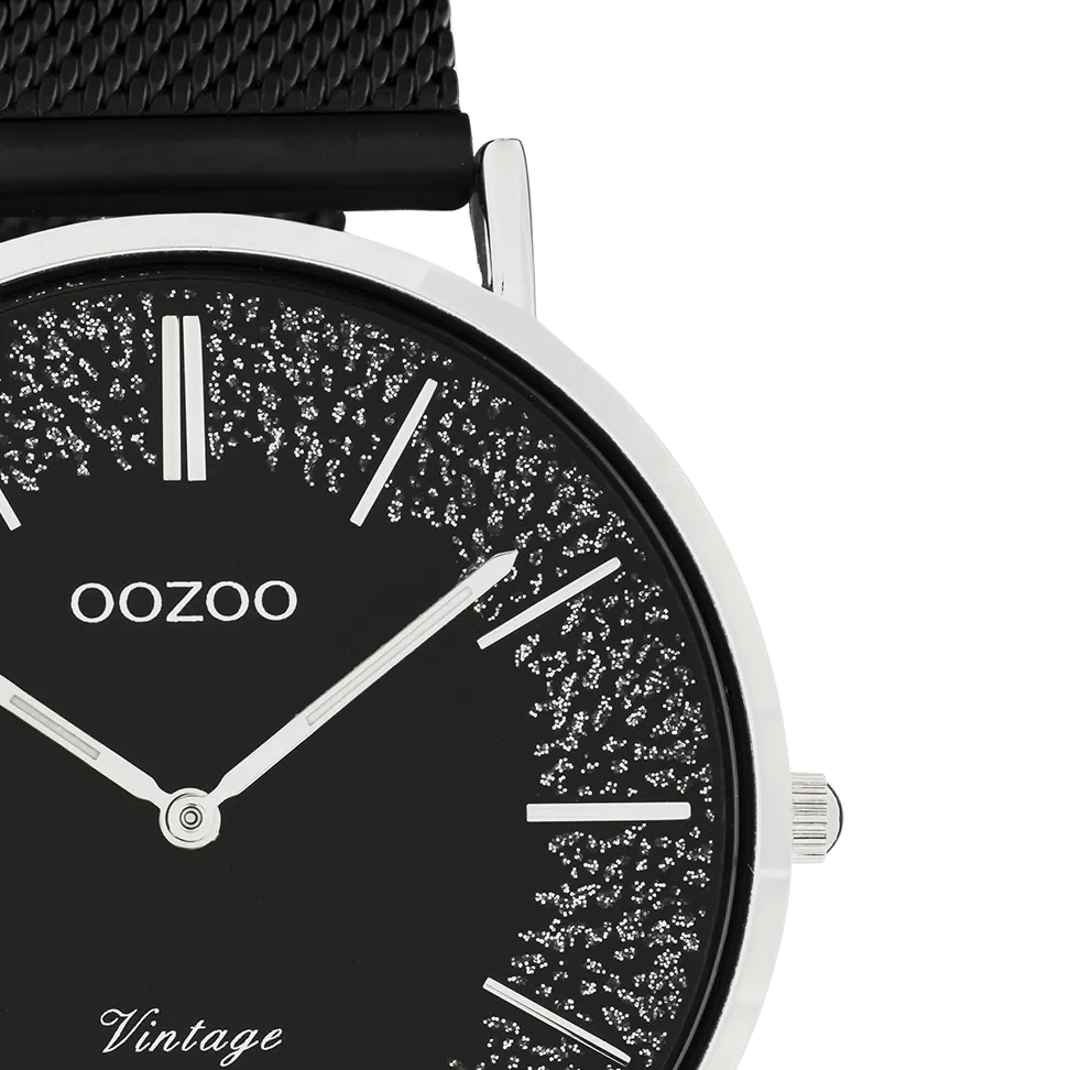 Silver coloured OOZOO watch with black metal mesh bracelet - C20140