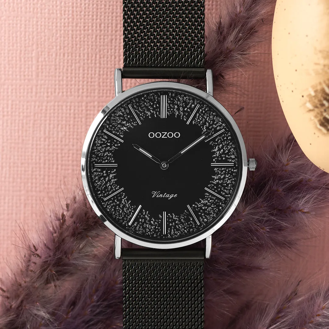 Silver coloured OOZOO watch with black metal mesh bracelet - C20140